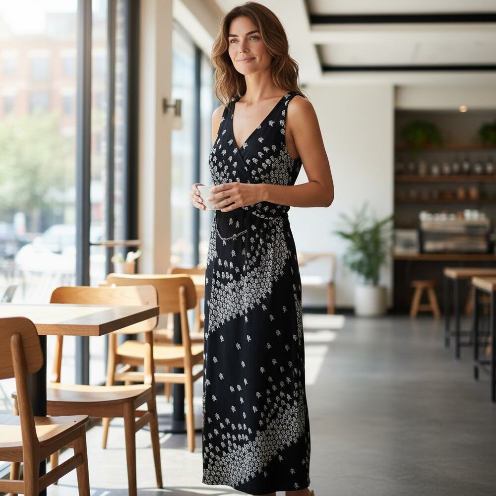 White House Black Market Sleeveless Matte Jersey Maxi Dress 8 Black White